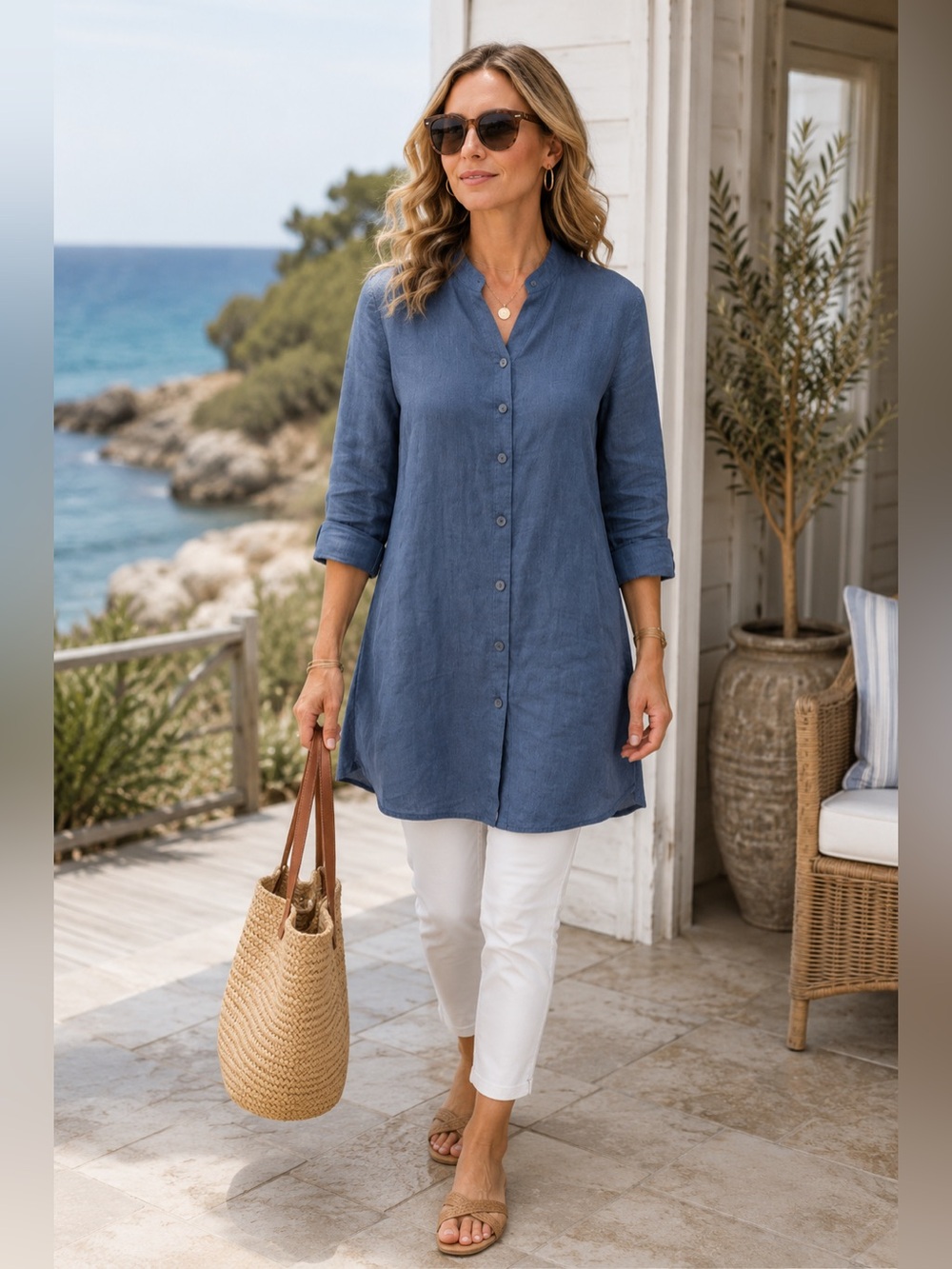 Flax Blue Button-Front Linen Tunic